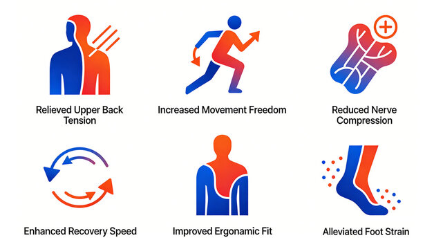 Six gradient layered body soothing icons, relaxing the upper back, expanding range of motion, reducing nerve pressure, and relieving plantar soreness for overall body soothing.
