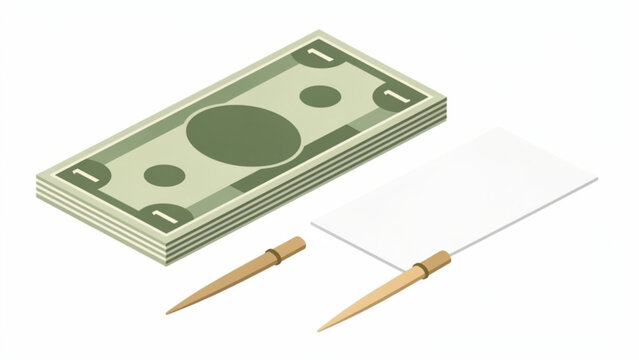stack of hundred dollar bills with two wooden pens on a white surface