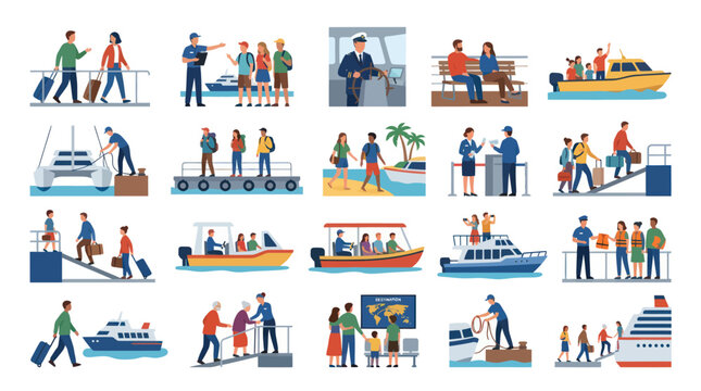 Flat Design Vector Icons: People Traveling by Boat, Ship, Ferry, Cruise