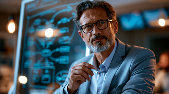 Business strategist planning a market entry strategy map on a glass whiteboard with arrows and SWOT at a modern office
