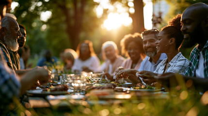 Fototapeta premium Diverse multicultural group of friends sharing a meal at a long outdoor table in a bright park under warm golden light