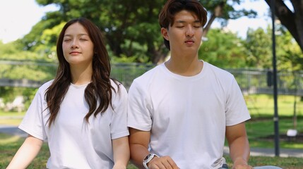 Obraz premium Young Asian Couple Practicing Mindfulness Meditation in a Lush Green City Park