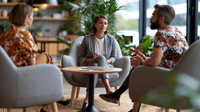Three people in mediation session in modern neutral office with professional mediator seated in triangle chairs soft calm atmosphere