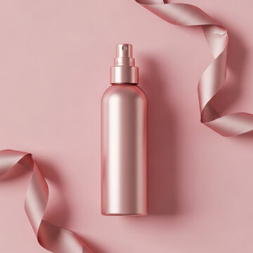 A skincare product  mockup with pink spray bottle and ribbons on a peach background for product display and travel business lifestyle category