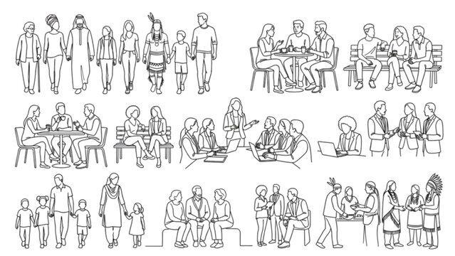 Premium Diverse Human Figures One Line Vector Collection | Multicultural Architectural Entourage Pack