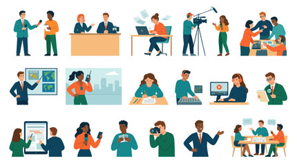 Fototapeta premium Diverse Media Professionals Working in Studio and Outdoors - Flat Style Illustration
