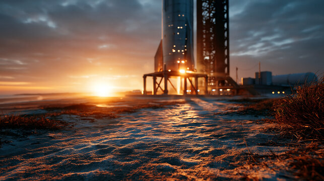 Starship rocket standing on launch mount at Boca Chica during golden hour as the sun sets behind, warm dramatic light and long shadows across sandy terrain