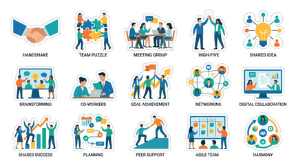 Naklejka premium Flat Design Business Teamwork and Collaboration Icon Set - Corporate Meeting, Success, and Networking Concepts