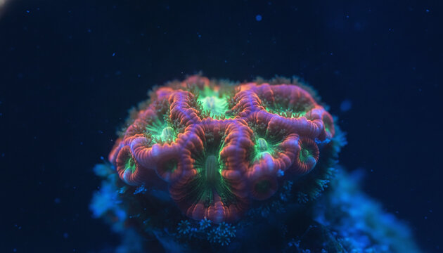 Fluorescent coral polyps glowing under actinic blue light macro
