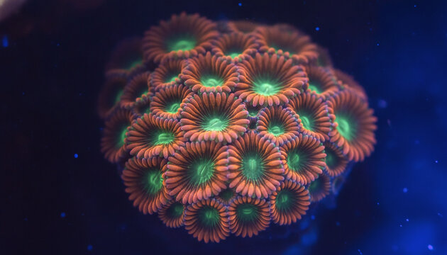 Fluorescent coral polyps glowing under actinic blue light macro