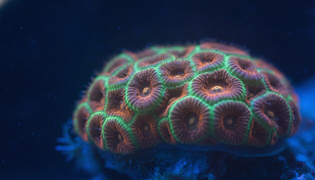 Fluorescent coral polyps glowing under actinic blue light macro