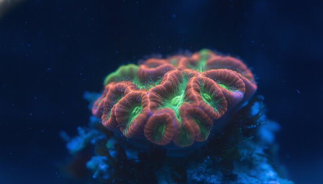Fluorescent coral polyps glowing under actinic blue light macro