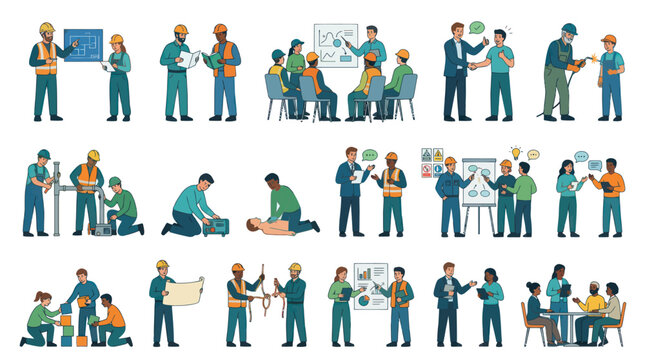 Flat Vector Illustrations of Industrial and Construction Workers: Safety, Training, and Teamwork Concepts
