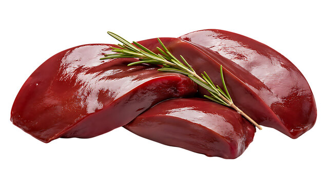 Fresh raw beef liver slices with rosemary garnish glossy red meat organ food ingredient culinary protein nutrition isolated on a transparent background