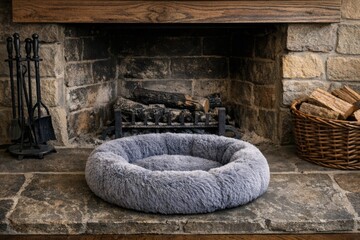 Obraz premium A cozy dog bed placed in front of a fireplace, perfect for a warm and inviting scene
