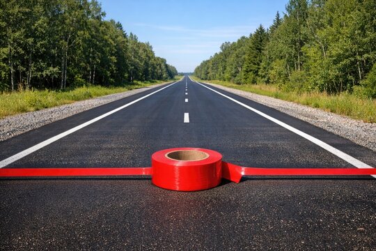 A red tape marking a section of road under repair or closed for maintenance