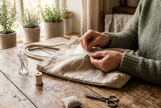 Mani che cuciono una borsa in tessuto su un tavolo di lavoro. Un gesto sostenibile che rappresenta riuso, artigianalit&agrave;, eco lifestyle e filosofia zero waste.
