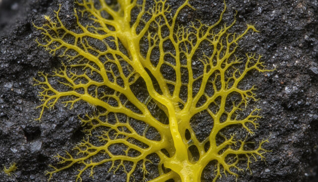 Vibrant yellow Physarum polycephalum slime mold network macro