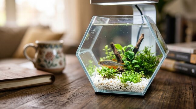 Celestial Pearl Danio Fish In Tiny Minimal Cube Aquarium