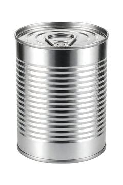 Silver metal tin can with pull tab ribbed surface preserved food container packaging realistic storage pantry design isolated on a transparent background
