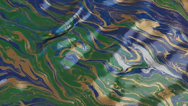 Static video scene with wave and oil texture effect concept. Abstract colorful marble texture with green blue and gold metallic swirls for artistic backgrounds and design