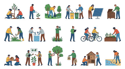 Fototapeta premium Ecology and Sustainability Flat Vector Illustration Set: People Engaging in Green Environmental Activities