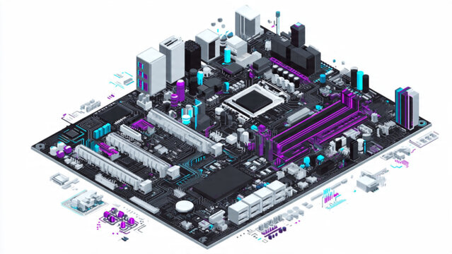 High tech computer motherboard with electronic components, circuit board and colorful connections for technology and innovation themes