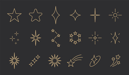 Gold outline star and sparkle icon set illustration with twinkle symbols, magic wand sparks, celestial shine elements and shooting star trails on dark background for fantasy, clipart © Mirikiteki