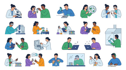 Fototapeta premium Science Laboratory Research Flat Line Art Vector Illustrations Set with Diverse Scientists and Experiments