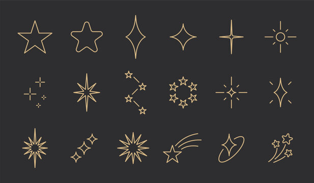 Gold outline star and sparkle icon set illustration with twinkle symbols, magic wand sparks, celestial shine elements and shooting star trails on dark background for fantasy, clipart