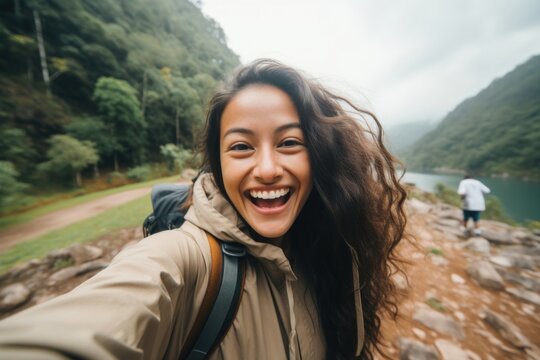 Influencer selfie adventure laughing.