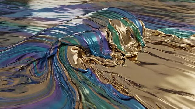 Static video scene with wave and oil texture effect concept. Colorful iridescent oil slick on water surface creating vibrant swirling wave patterns with reflective textures