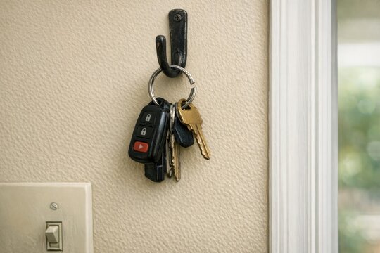 A bunch of keys hanging from a hook on a wall, great for interior design or home decor concepts