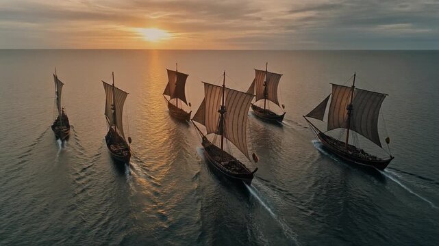 Powerful fleet of a viking ship sailing across calm ocean at sunset