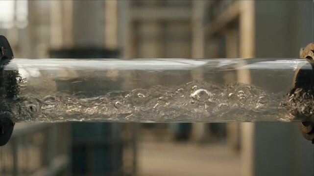 Cinematic transparent water pipeline background industrial detail flow motion bubble texture clarity steel structure reflection focus closeup industry flow motion clarity glass tube modern facility