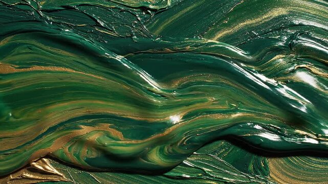 Static video scene with wave and oil texture effect concept. Abstract green and gold textured paint background with smooth flowing patterns and glossy finish
