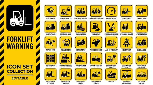 Forklift safety warning and industrial hazard icon set