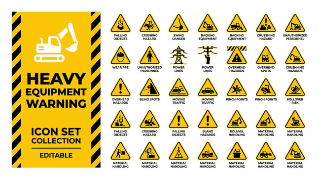 Construction safety signs and heavy equipment warning icons