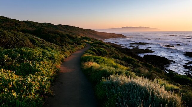 A majestic coastal path bathed in the warm glow of the golden hour showcasing beautiful natural gradients over the sea