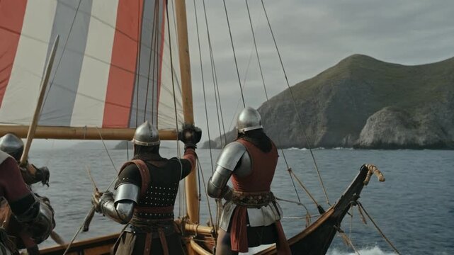 Armed warriors sailing a viking ship towards a mountainous coast