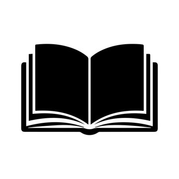 Minimalist open book icon, black silhouette of a textbook with turning pages, flat vector illustration for education and reading concepts