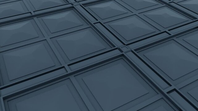 Dark industrial 3D tiled wall with repeating square panels, beveled edges and recessed seams. Strong geometric relief pattern with dramatic depth and shadow