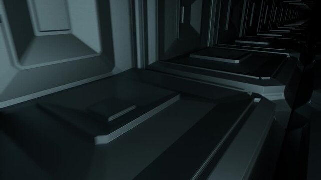 Dark futuristic sci-fi corridor with geometric paneled walls and floor, strong linear perspective and dramatic blue lighting. Industrial high-tech interior
