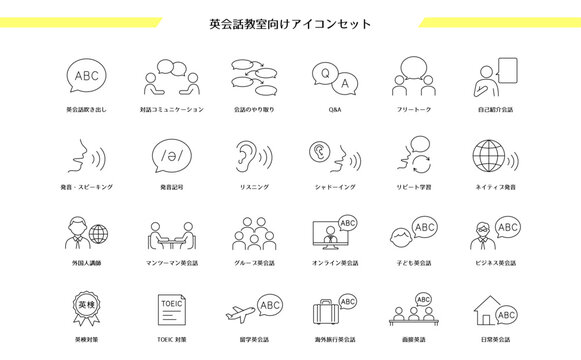 英会話学習とオンラインレッスンの線画アイコンセット
