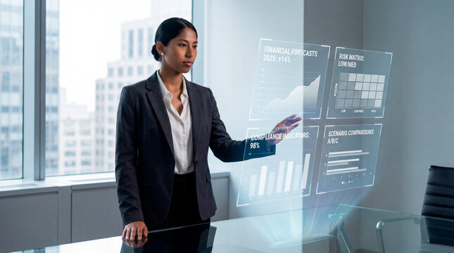 Financial manager reviewing forecasts compliance and risk metrics