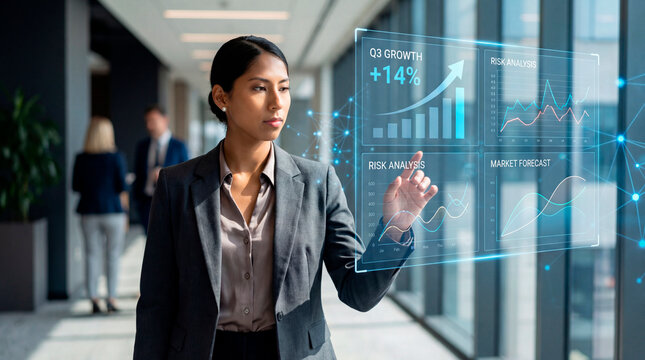 Businesswoman analyzing growth trends and market forecasts