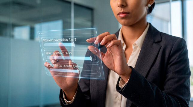 Businesswoman comparing decision scenarios through predictive models