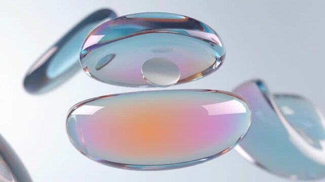 Abstract floating glass shapes with soft iridescent light reflections