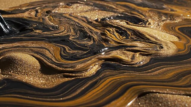 Close up of golden sand patterns with shimmering light reflections and smooth natural textures