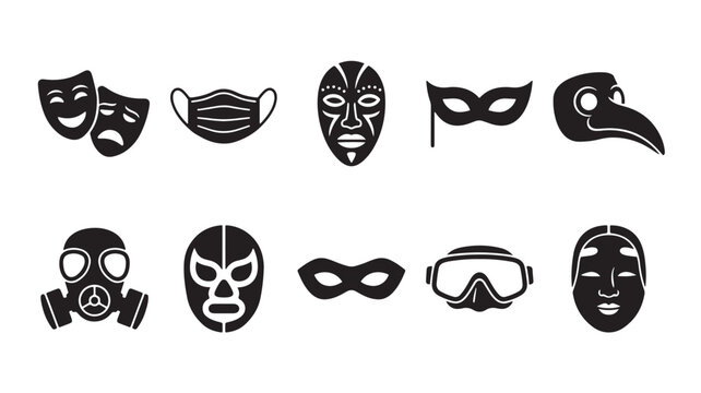 Black mask icons, theatrical masks, face masks, protective gear, 10pcs vector set